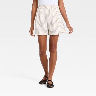 Women's Twill Pleated Shorts 5" - A New Day Cream Striped 0