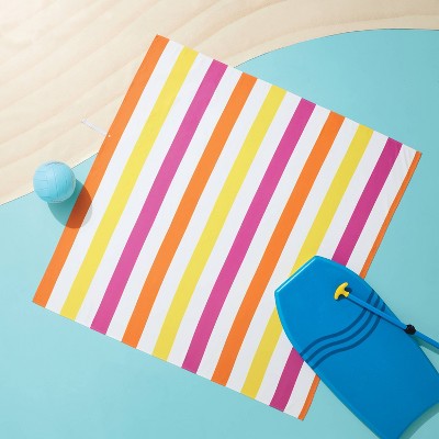 60"x60" Microfiber Multi Striped Beach Blanket with Snapable Strap Pink/Orange/Yellow - Sun Squad