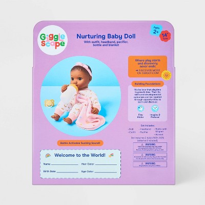14" Nurturing Baby Doll - Dark Brown Hair + Brown Eyes - Gigglescape: Includes Pacifier, Blanket, Headband, Bottle