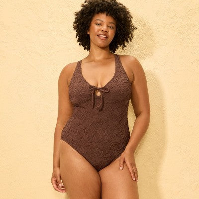 Women's Pucker High Leg Cheeky One Piece Swimsuit - Shade & Shore Brown S