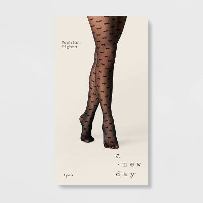 Women's Bow Sheer Tights - A New Day Black M/L: High Waisted, Tagless, Closed Toe, Knit, Nylon-Spandex Blend