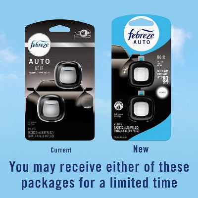 Febreze 2ct Car Auto Noirs: Phthalate-Free Car Freshener, Adjustable Scent, Vent Clips, Disposable, Oil-Based