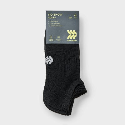 Women's Cushioned Active Practice 4pk No Show Socks - All In Motion Black 4-10: Recycled Polyester, Arch Support