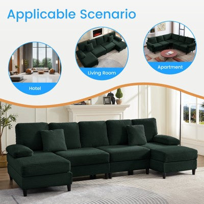 Mjkone 112" U Shaped Sectional Couches, Corduroy Sectional Sofa with Double Chaises and Sleepable Armrests, Large 4 Seater Sofa,Green (LOCAL PICKUP ONLY)