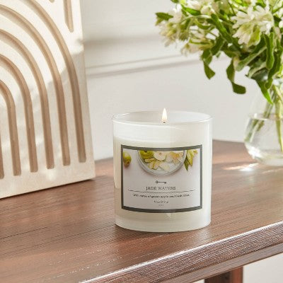 11oz Lidded Glass Candle Jade Waters - Threshold: Scented, Palm & Paraffin Wax, 35hr Burn Time, Musk Jasmine Apple Ocean Aroma