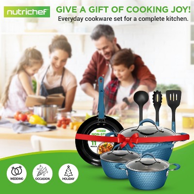 NutriChef 11-Piece Non-Stick Kitchen Cookware Set - Elegant Diamond Pattern, Ceramic Coated Pots & Pans (Blue) (LOCAL PICKUP ONLY)