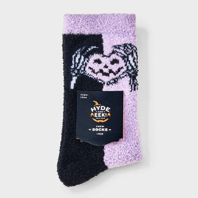 Women's Skeleton Heart Hands Jack - o' - Lantern Halloween Cozy Crew Socks - Hyde and EEK! Boutique Purple/Black/White 4 - 10