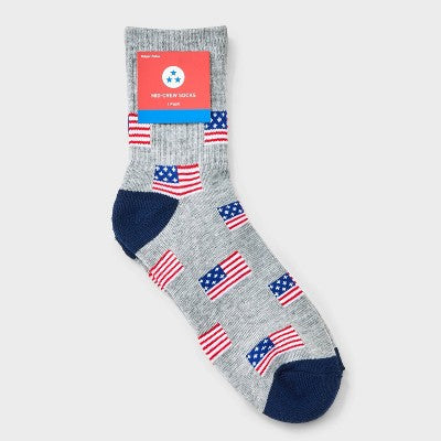 Women's Ribbed Cushioned American Flag Short Mid Crew Socks - Heather Gray 4-10