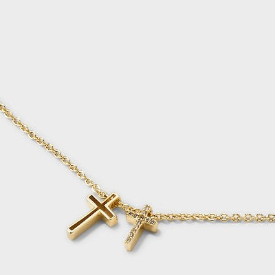 14K Gold Dipped Cubic Zirconia Double Cross Pendant Necklace - Gold