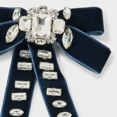 Velvet Double Bow Hair Barrette with Clear Stones - A New Day Navy