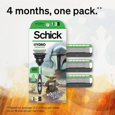 Schick Hydro Sensitive Men's 5 Blade Razor Handle with 3 Razor Refills - Star Wars Mandalorian and Grogu: Face, 4-Pack, Manual