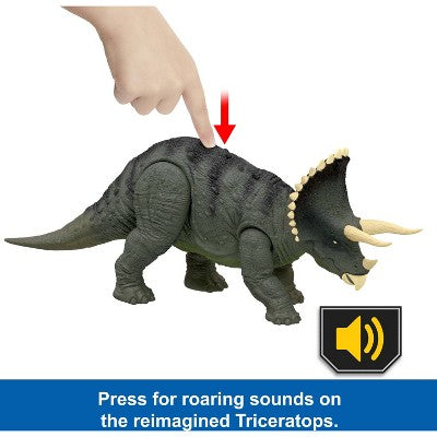 Jurassic World Reimagined Real Feel Triceratops Roaring Dinosaur Figure, 90s Inspired Toy