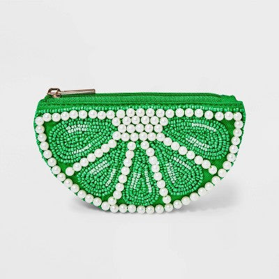 Fruit Slice Coin Pouch Bag - A New Day Green/Off-White: Cotton Botanical Wallet with Card Slots