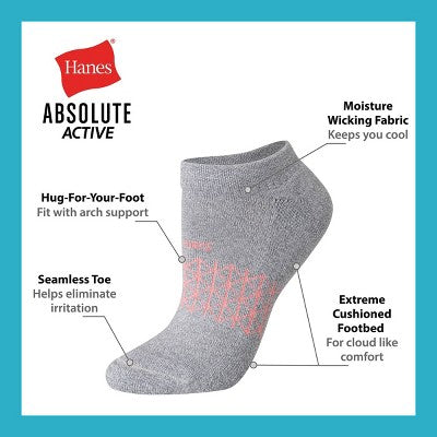Hanes Women's 4pk Absolute Active No Show Socks - Gray/Black 5-9