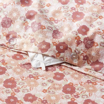 Twin/Twin Extra Long Cotton Blend Sateen Duvet Cover and Sham Set Copper/Light Pink Floral - Room Essentials: 225 Thread Count