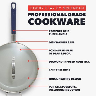 Bobby Flay 4.5qt Ceramic Nonstick Aluminum Saute Pan with Lid Oxford Blue: Skillet, Dishwasher-Safe, Smooth Surface Compatible