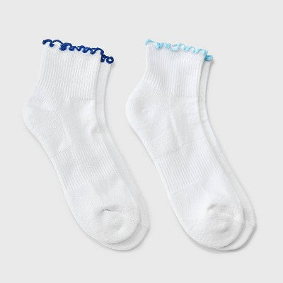 Women's Lettuce Edge Cushioned 2pk Ankle Socks - JoyLab White/Blue/Navy 4-10