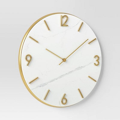26" Faux Marble Finished in Polished Brass Wall Clock White - Threshold: Elegant Timepiece for Indoor Use (LOCAL PICKUP ONLY)