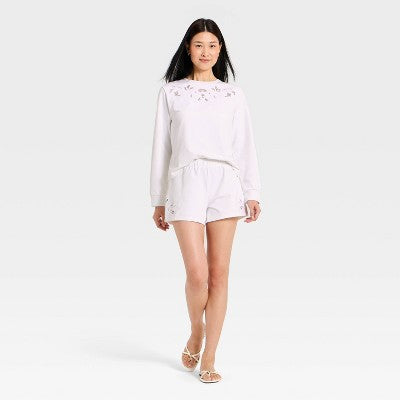 Women's Knit Eyelet Leisure Shorts - A New Day White S