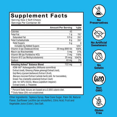 Force Factor Amazing Ashwa Dietary Supplements Soft Chews - Triple Berry - 60ct