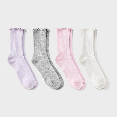 Girls' 4pk Ribbed Crew Socks - Cat & Jack White/Pink S