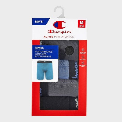 Champion Boys' 5pk Wicking Long Leg Active Performance Boxer Briefs - Gray M