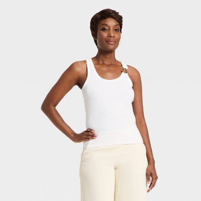 Women's Slim Fit Hardware Ribbed Tank Top - A New Day White XS