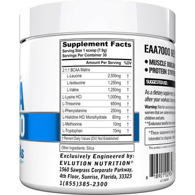 Evlution Nutrition EAA7000 - Muscle Building + Recovery Supplement - 7g EAAs + 5g BCAAs - Endurance + Energy Support - Unflavored - 30 Servings