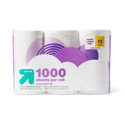 1000 Sheets per Roll Toilet Paper - 12 Rolls - up&up