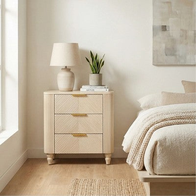 ModernLuxe Fluted 3 Drawers Nightstand Bedside Table End Table, Mid-Century Side Table with Gold Glossy Handles & Gourd Legs, Champagne (LOCAL PICKUP ONLY)