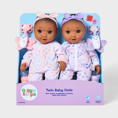 14" Girl Twin Baby Dolls - Dark Brown Hair + Brown Eyes - Gigglescape: Includes Plush, Pacifier, Bottle, Outfits