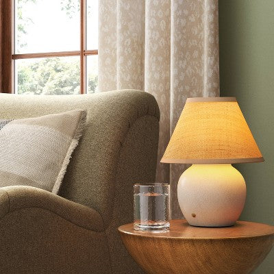 13" Matte Ceramic with Raffia Shade Portable Table Lamp New Ivory - Threshold