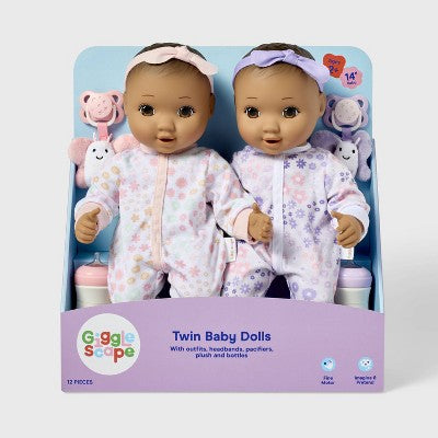 14" Girl Twin Baby Dolls - Brown Hair/Eyes - Gigglescape: Includes Pacifier, Bottle & Plush Outfits