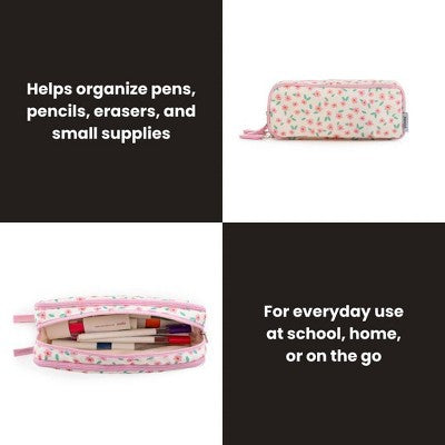 Yoobi Triple Zip Pencil Pouch - Pink Wildflower, School Supplies