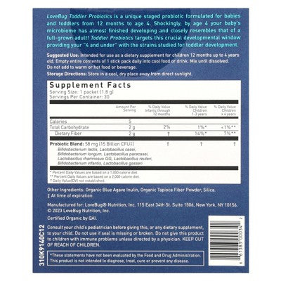 LoveBug Probiotics Toddler Probiotics, 12 Months Up To 4 Years, 15 Billion CFU, 30 Single Serve Stick Packs, 0.06 oz (1.8 g) Each
