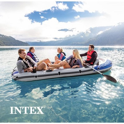 INTEX 68325EP Excursion 5 Inflatable Boat Set: Includes Deluxe 54in Boat Oars and High-Output Pump – Adjustable Seats with Backrest – Fishing Rod (LOCAL PICKUP ONLY)