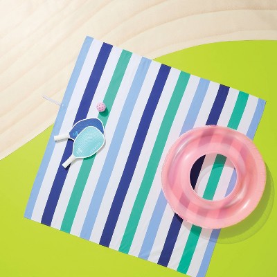 60"x60" Microfiber Multi Striped Beach Blanket with Snapable Strap Cool Blue/Green - Sun Squad