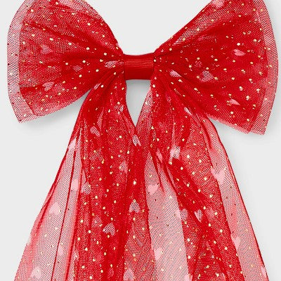 Valentines Heart Printed Tulle Bow - Red
