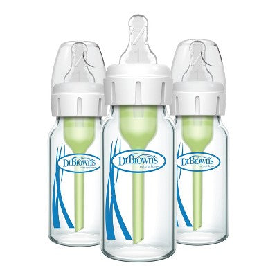 Dr. Brown's Anti-Colic Narrow Glass Options+ Baby Bottles - 4 fl oz/3pk: Level 1 Slow Flow, BPA-Free, Silicone Nipple