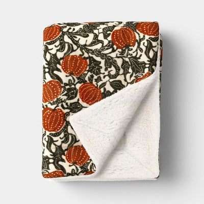 Pumpkin Printed Plush T Throw Blanket with Faux Shearling Reverse Khaki/Orange/Green -Threshold