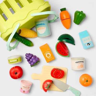 Grocery Basket with Play Food- 18 Piece - Gigglescape: Plastic, Ages 2+, Includes Play Fruit & Vegetables