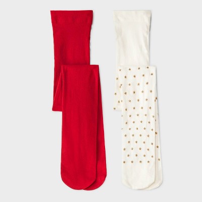 Girls' 2pk Holiday Tights - Cat & Jack Red/Cream M