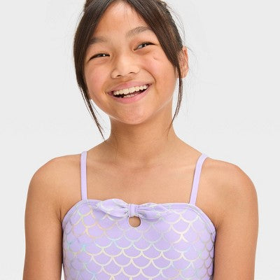 Girls' Mermaid Printed One Piece Swimsuit Lavender M