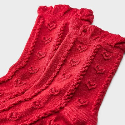 Women's Soft Ruffle Cuff Textured Hearts Valentine's Day Mid Crew Socks - Auden Red 4-10
