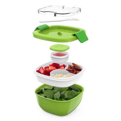 Bentgo Salad Stackable Lunch Container with Large 54oz Bowl, 4-Compartment Tray & Built-In Fork - Green