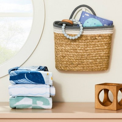 Wall Hanging Natural Woven Basket with Coiled Rope Handle - Gray - Cloud Island