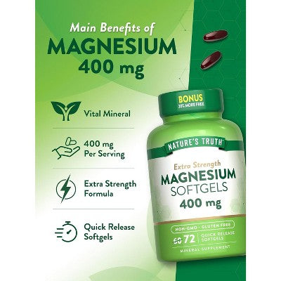 Nature's Truth Magnesium | 400mg | 72 Softgels | Value Size | Extra Strength | from Magnesium Oxide | Non-GMO and Gluten Free Supplement