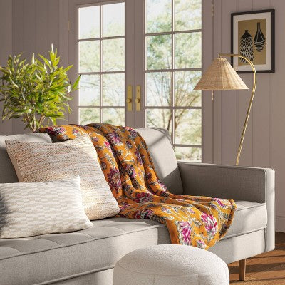 Oversized Printed Floral Primalush Throw Blanket Gold - Threshold