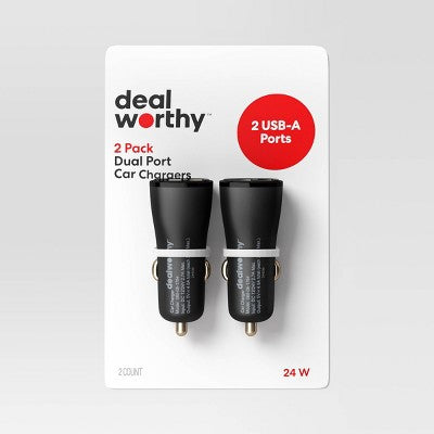 Dual Port USB-A Car Charger 2pk - dealworthy Black