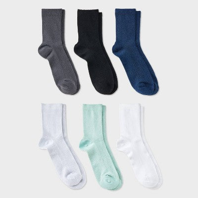 Women's Shimmer and Solid Fine Ribbed 6pk Crew Socks - A New Day Blue/Black/Ivory 4-10: Recycled Polyester, Tagless